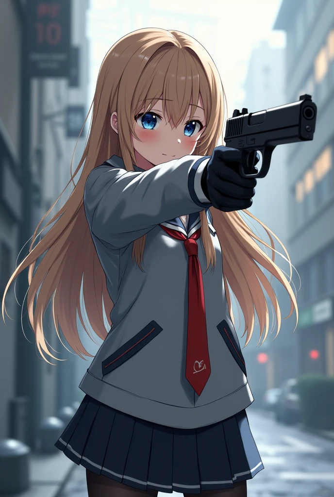 
anime girl standing and pointing a gun straight ahead (her whole body is visible)