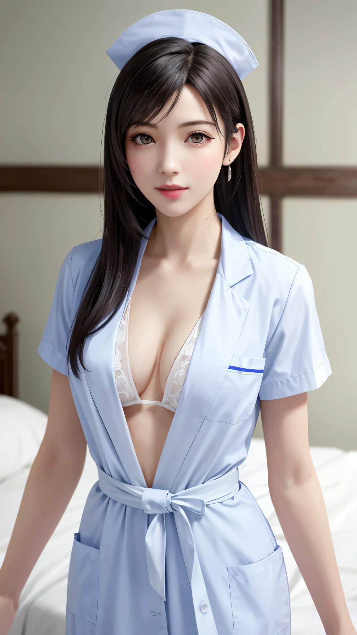 {Top Quality, Masterpiece}, (Realistic: 1.3), Wallpapers, ultra high res, ultra high quality, BREAK {{{FF7,Tifa_lockhart, solo}}},(she is wearing a Japanese White nursing uniform, white nurse uniform:1.3) , (hospital, bed, indoor), (model pose:1.1), Ultra-detailed face, Detailed eyes, Red eyes, BREAK (((FF7,Tifa_lockhart))),(black brown hair, Large breasts: 1.0), About 18 years old, kawaii, shy:1.1,cute smiling, {{erotic eyes, erotic mouth, erotic face}}
