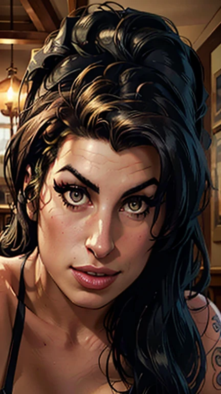 a beautiful portrait of amy winehouse, detailed realistic face, stunning eyes and lips, sitting in an old english pub in london, atmospheric lighting, warm tones, detailed wood furniture, glasses of alcohol, smoke, 1950s style, (best quality,4k,8k,highres,masterpiece:1.2),ultra-detailed,(realistic,photorealistic,photo-realistic:1.37),cinematic composition,dramatic lighting,rich color palette