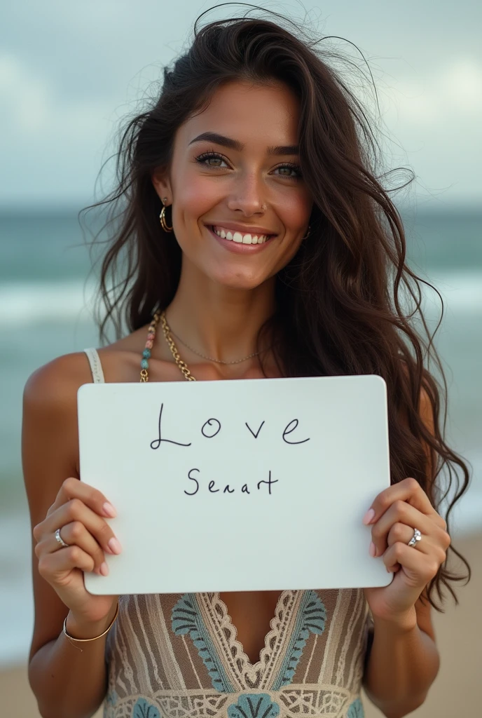 Beautiful girl with wavy long hair, bohemian dress, holding a white board with text "I Love Seaart Infinity" and showing it to the viewer