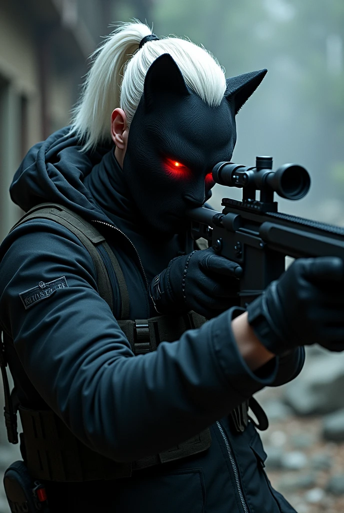 The man sniper spy Void, white hair with a ponytail, a cool wolf mask, red eyes