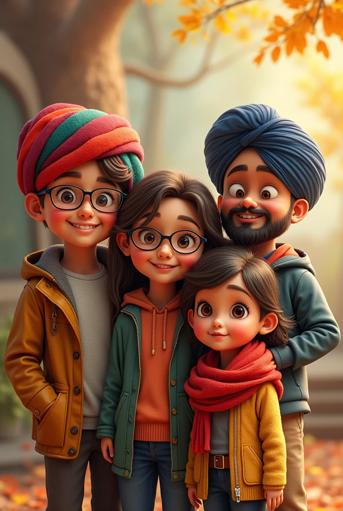 create a group image of 2 boys and 2 girls and one girl is wearing spectacles and one boys is wearing turban