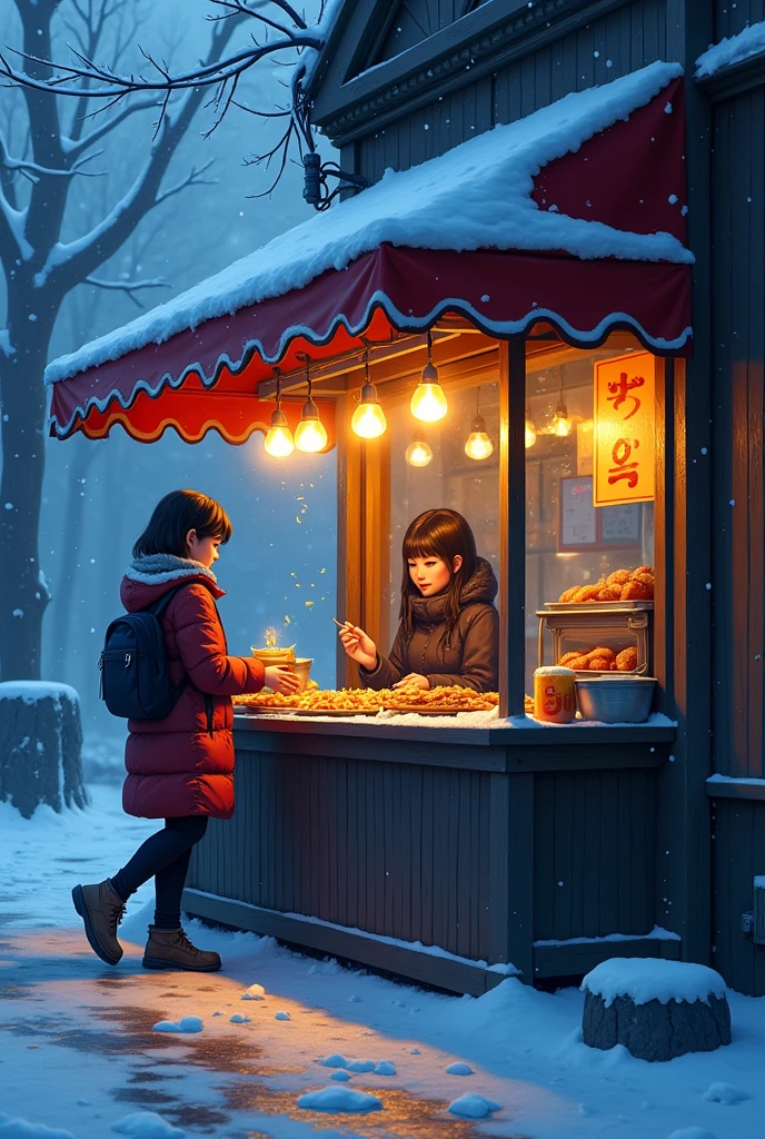 Image of a restaurant selling hot food in the cold and the black-haired girl serving from inside the restaurant, the image with blue, violet and yellow tones
