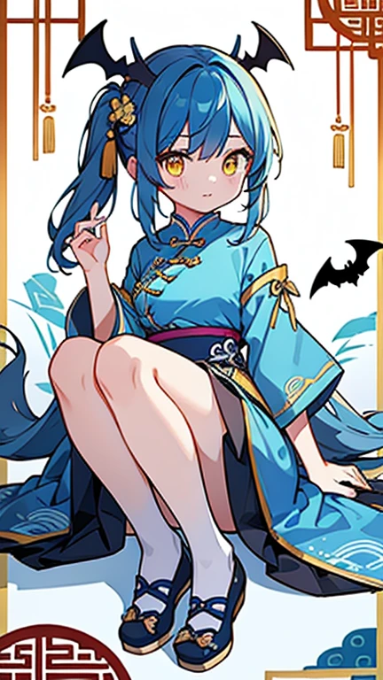 one girl,Blue right-tied hair,yellow eyes,Bat hairpin,Blue Chinese Traditional Costume,Chinese traditional shoes