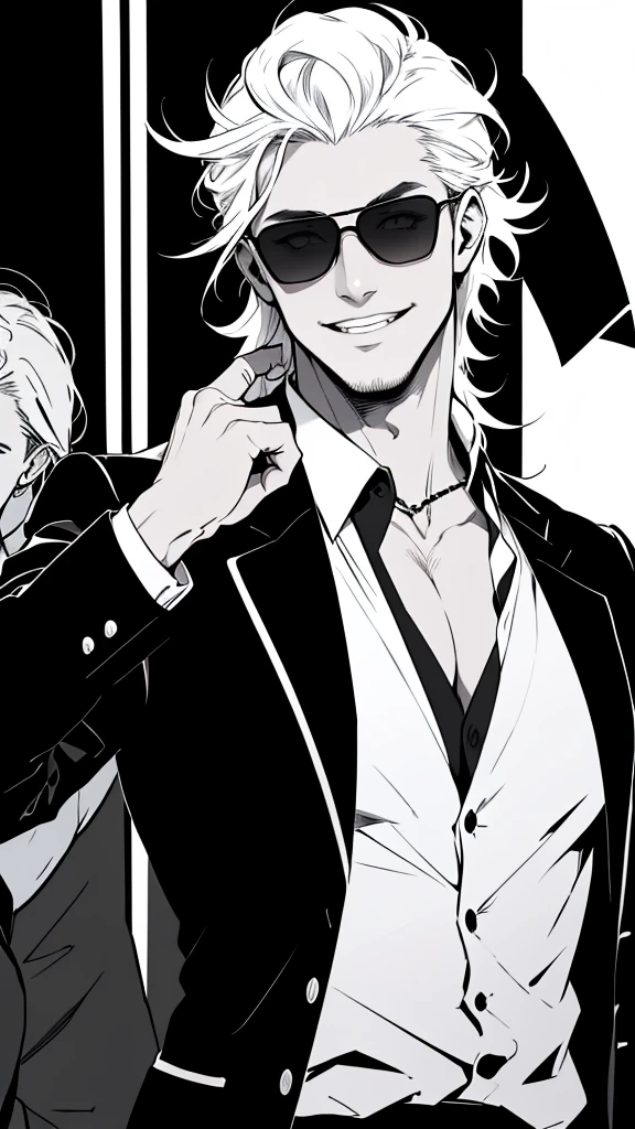 Monochrome、solo、A black suit with a white open shirt that shows his collarbone、Smooth white hair down to her back、Eyes showing through sunglasses、Handsome man holding candy and smiling while looking at camera、Hair up to the neck、