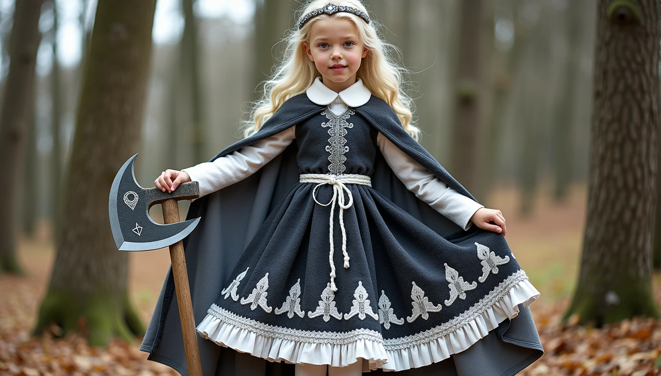 A beautiful photo of tween wearing a Norse style charcoal grey woolen gown with elegant pale azure blue princess style apron, runes of family, love, healing and protection are embroidered along it, with knee high stockings, white doeskin boots, and a beautiful cloak with silver white collar, has golden white hair. The hairstyle is elegant loose waves with a Dutch braided crown with a silver diamond circlet with a triforce gem, holding a magical axe, white leather magic bag, warrior princess, shadow cat is a pale grey-white, the color of thick mountain morning mist, beautiful plus sized girl, 12k, ancient Norse, Large chest, wide hips, thick thighs, perfect lilac color eyes