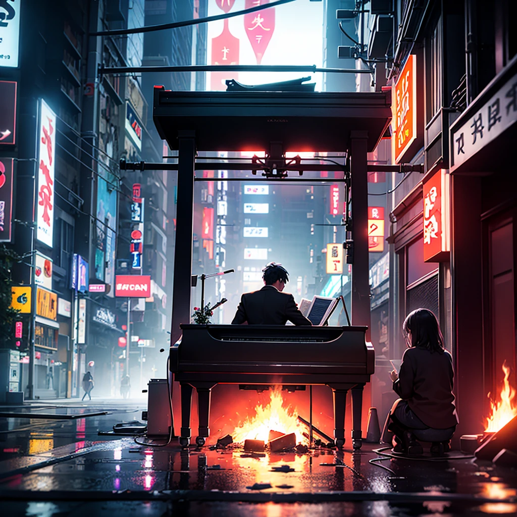 a piano on fire in neon tokyo