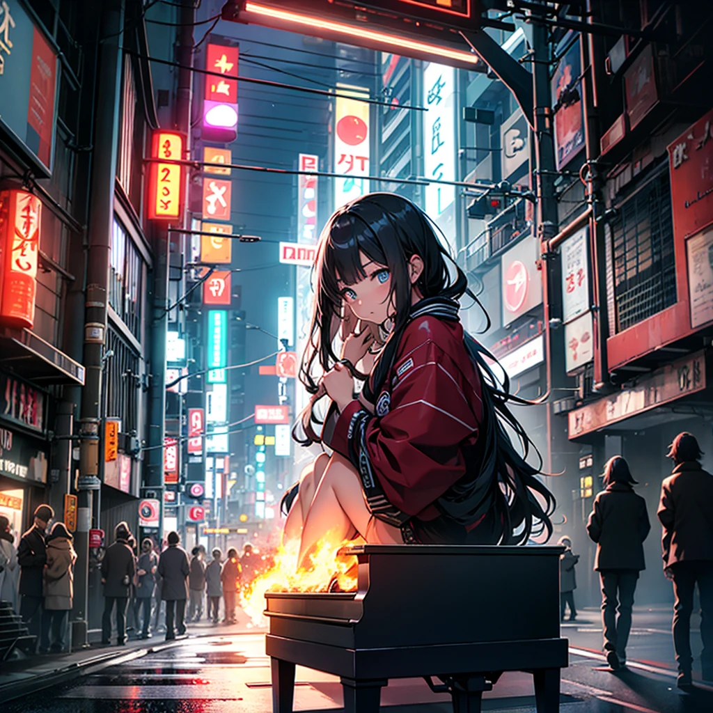 a piano on fire in neon tokyo
