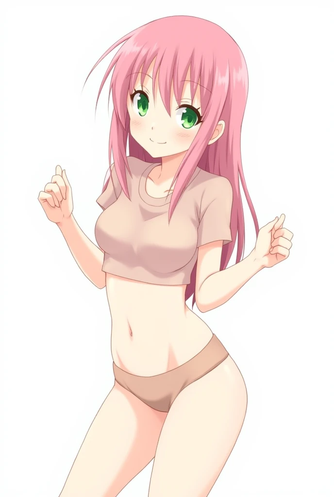 masterpiece, Best quality, 1 girl,Haruno Sakura, pink hair, long hair, green eyes, Short sleeves, upper body, I look at the viewer, sketch, smile, One, simple background, shows panties
