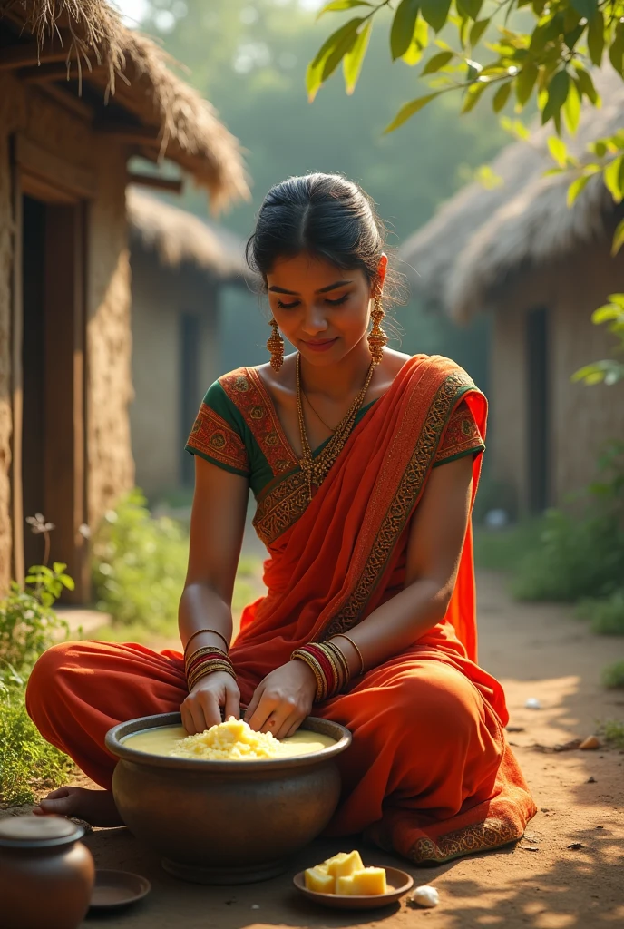 Beutiful indian young lady preparing butter in village
