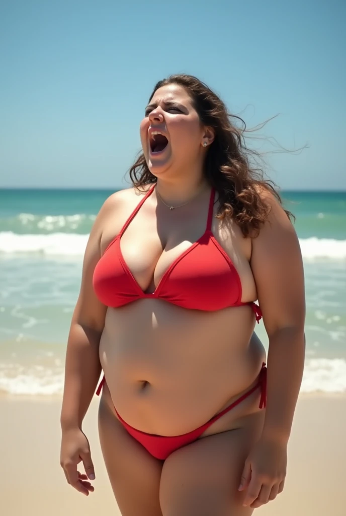 Portait of a fat young woman at the beach screaming. Red bikini