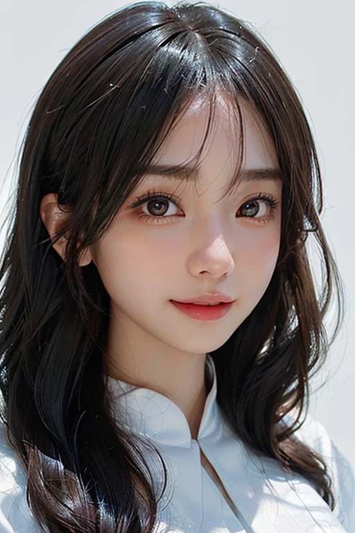 /imagine: Digital illustration of a young woman in her twenties。((face:
丸face、Thick eyebrows、優しいface立ち
大きな目と低い頬骨
目:
Black Eyes、Warm eyes and fine highlights:
Hair color is black:
Light Skin Tone、Smooth and healthy looking skin:
calm and gentle smile))。Simple white background、Highlight her features。The style is photorealistic、The texture of the skin and the fine details of the hair are depicted with great detail.。The image is in portrait format、Composition suitable for SNS profile picture。