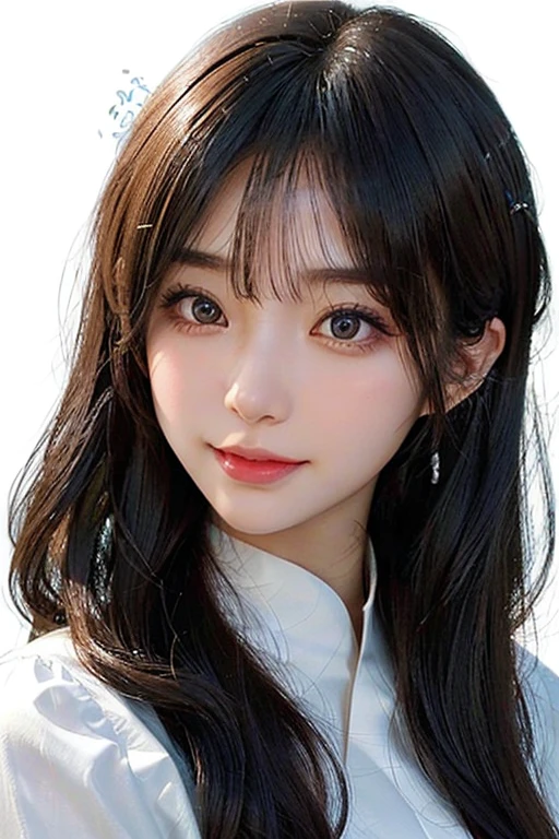 /imagine: Digital illustration of a young woman in her twenties。((face:
丸face、Thick eyebrows、優しいface立ち
大きな目と低い頬骨
目:
Black Eyes、Warm eyes and fine highlights:
Hair color is black:
Light Skin Tone、Smooth and healthy looking skin:
calm and gentle smile))。Simple white background、Highlight her features。The style is photorealistic、The texture of the skin and the fine details of the hair are depicted with great detail.。The image is in portrait format、Composition suitable for SNS profile picture。