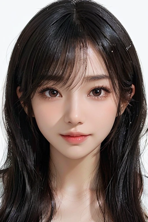 /imagine: Digital illustration of a young woman in her twenties。((face:
丸face、Thick eyebrows、優しいface立ち
大きな目と低い頬骨
目:
Black Eyes、Warm eyes and fine highlights:
Hair color is black:
Light Skin Tone、Smooth and healthy looking skin:
calm and gentle smile))。Simple white background、Highlight her features。The style is photorealistic、The texture of the skin and the fine details of the hair are depicted with great detail.。The image is in portrait format、Composition suitable for SNS profile picture。