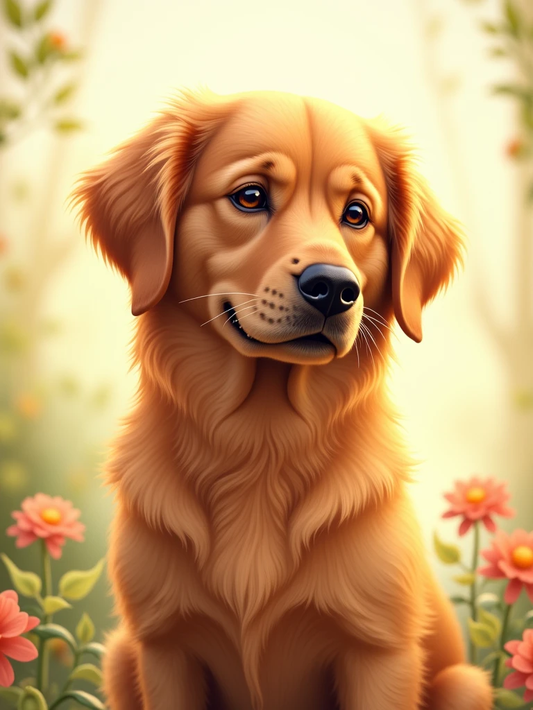 Create an image of a dog with a shiny golden coat, with a calm and friendly look that exudes kindness and compassion. The dog should have a confident and welcoming posture., with a slight smile that demonstrates loyalty and courage. Your body should be relaxed, reflecting a protective and kind attitude. The surrounding environment should be bright and optimistic., perhaps with soft light and natural elements that highlight the feeling of peace and hope."