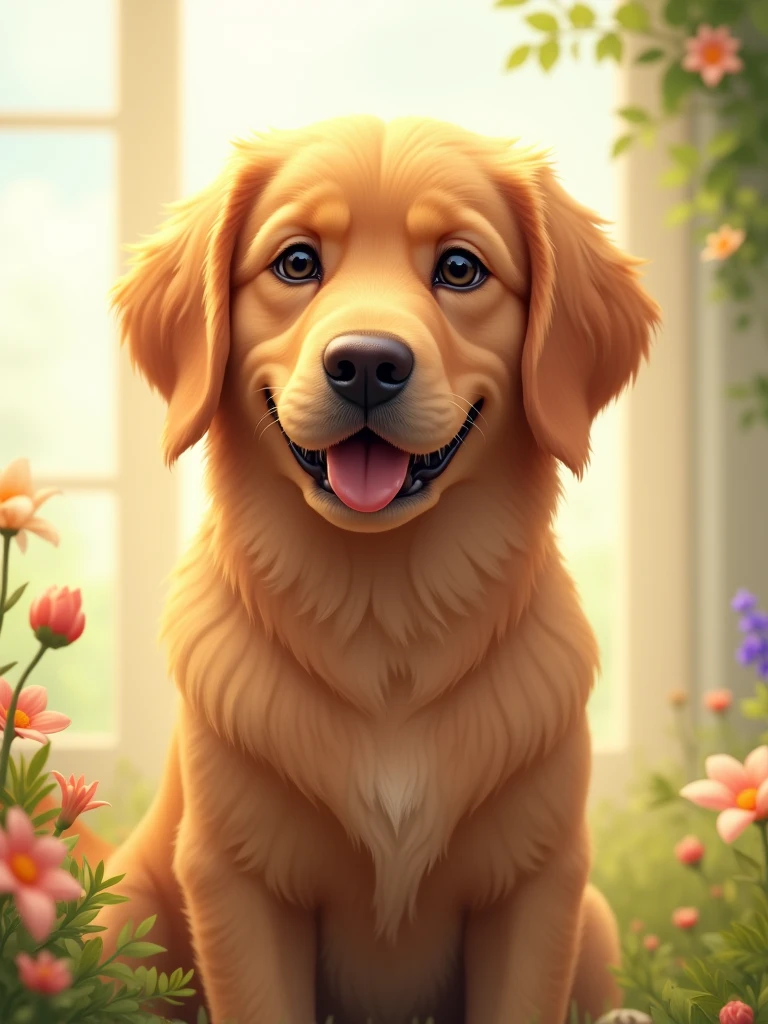 Create an image of a dog with a shiny golden coat, with a calm and friendly look that exudes kindness and compassion. The dog should have a confident and welcoming posture., with a slight smile that demonstrates loyalty and courage. Your body should be relaxed, reflecting a protective and kind attitude. The surrounding environment should be bright and optimistic., perhaps with soft light and natural elements that highlight the feeling of peace and hope."