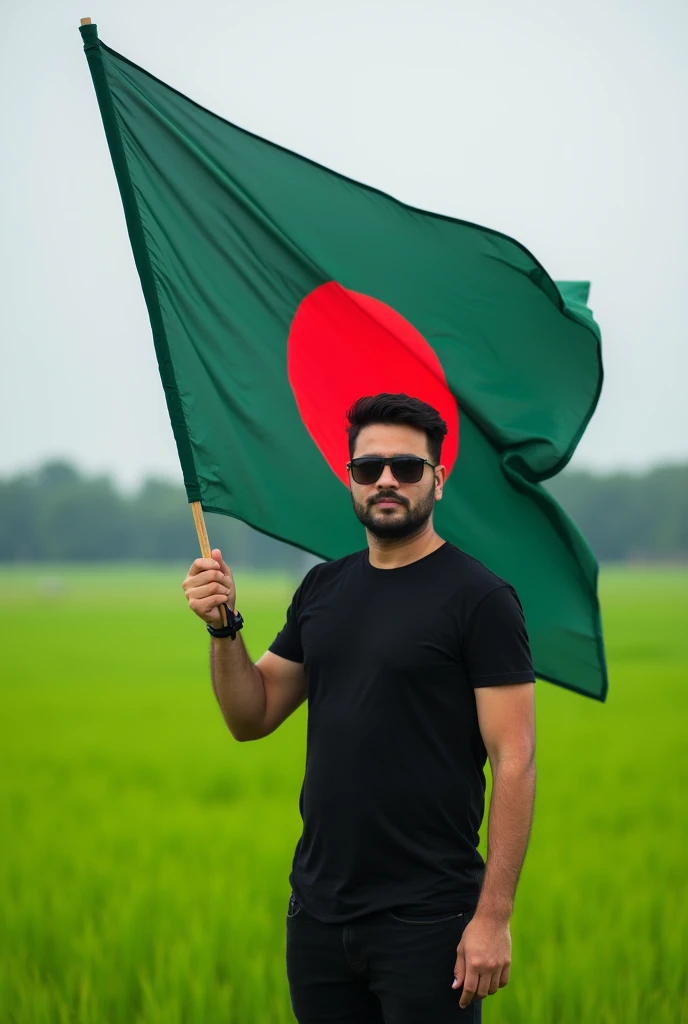 a white boy who is adult. Who wearing sunglasses and a black t shirt, standing in front of a big green field. Photos focus on the boy who carried flag with full body. He is holding a bangladeshi flag.