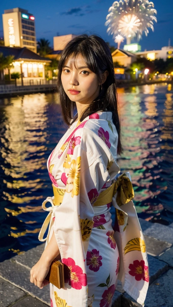 Masterpiece, best quality, ultra high resolution, hyper realistic, realistic, (photorealistic:1.4), masterpiece of analog film photograph a girl, long black hair, blunt bangs, taken by Hideaki Hamada using Pentax 67II and Kodak Portra, medium shot, looking to viewer, standing by a riverside at night, watching fireworks, She is dressed in a traditional, elegant yukata with a floral pattern and an obi sash, The background shows colorful fireworks lighting up the night sky, reflections on the water, and people in the background enjoying the festival, High-resolution, realistic depiction, with a touch of elegance and allure, anatomically correct