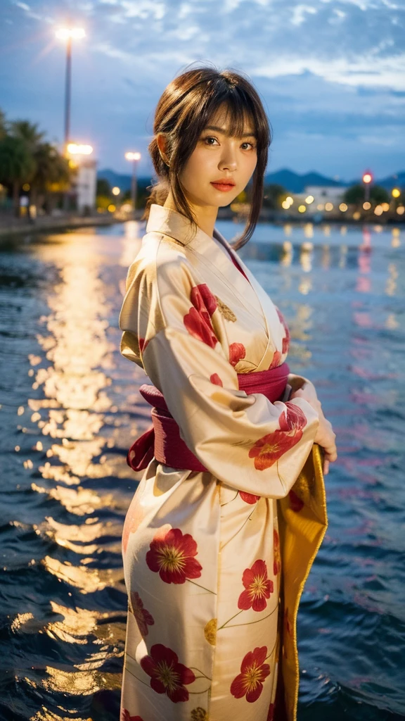 Masterpiece, best quality, ultra high resolution, hyper realistic, realistic, (photorealistic:1.4), masterpiece of analog film photograph a girl, long black hair, blunt bangs, taken by Hideaki Hamada using Pentax 67II and Kodak Portra, medium shot, looking to viewer, standing by a riverside at night, watching fireworks, She is dressed in a traditional, elegant yukata with a floral pattern and an obi sash, The background shows colorful fireworks lighting up the night sky, reflections on the water, and people in the background enjoying the festival, High-resolution, realistic depiction, with a touch of elegance and allure, anatomically correct