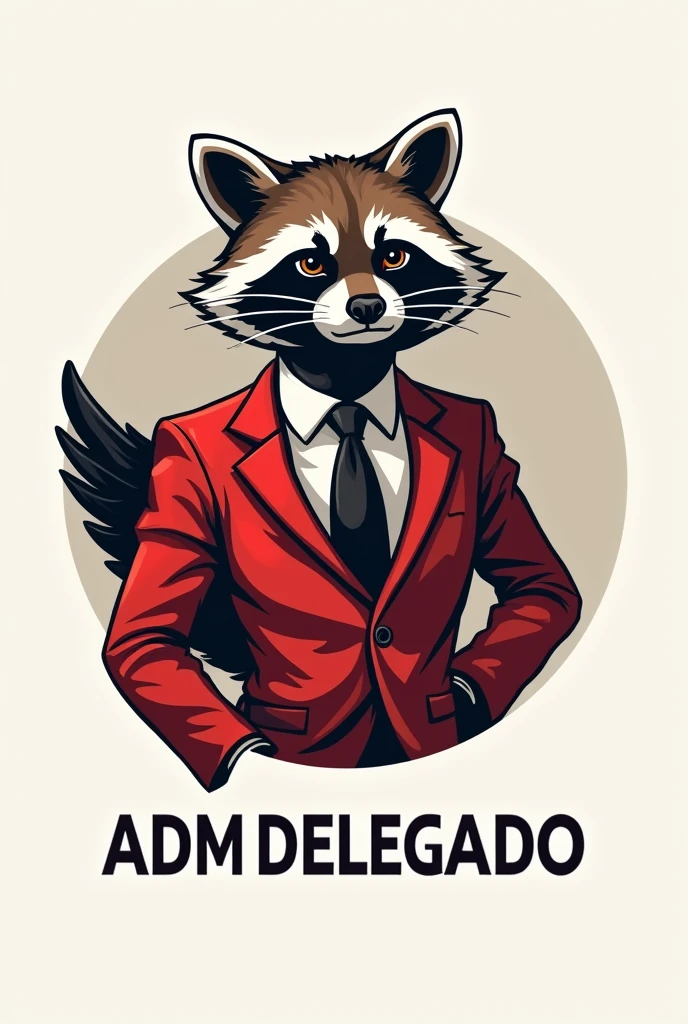 Create a logo with the name ADM DELEGADO with a character in a red suit with a raccoon head with a wing on the back