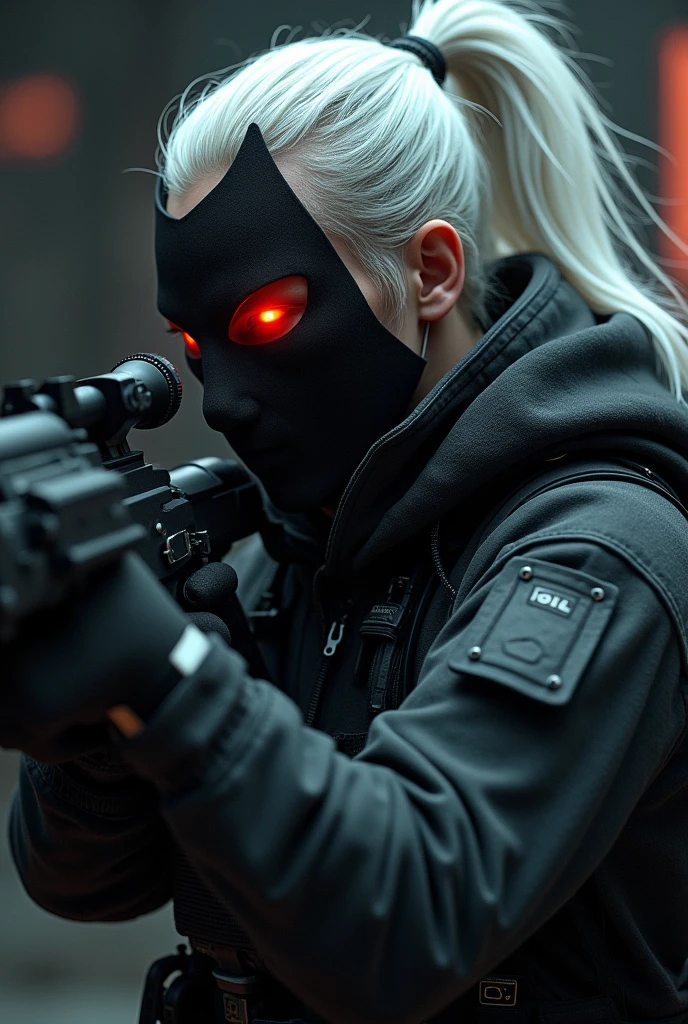 The man sniper spy Void, white hair with a ponytail, a cool wolf mask, red eyes