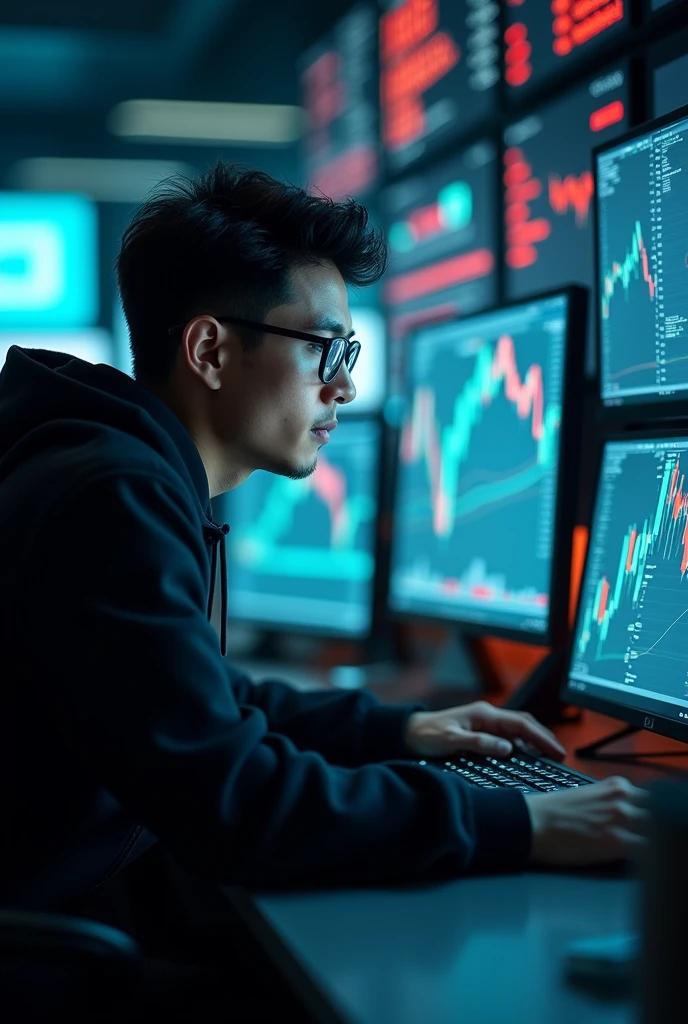 26 year old man dressed in black with glasses and a hood, with a computer making operations in the financial market ,in high quality