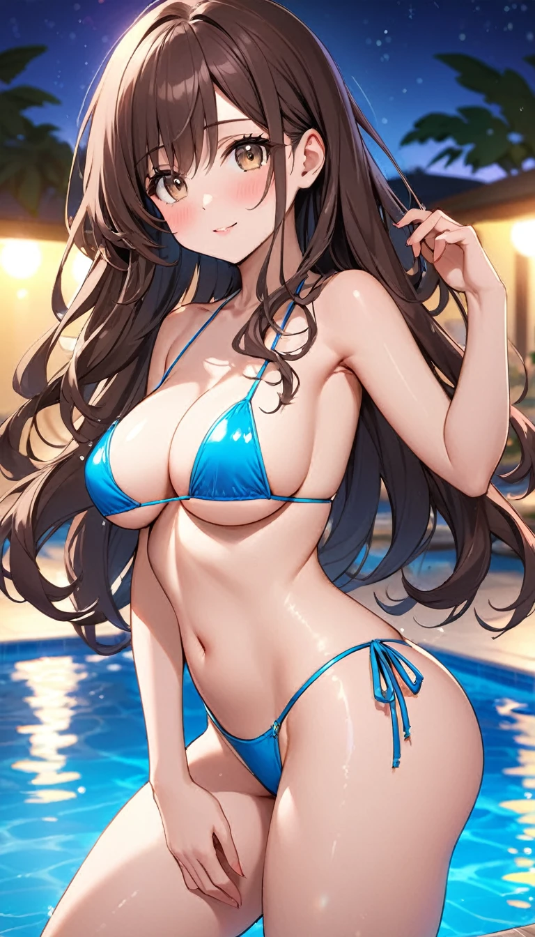 masterpiece, Highest quality, Very detailed, ,The finer details, Anime Style, One Girl, 22 years old, Cute Face、Large Breasts、Big Ass、Tight waist、cowboy shot, Long Hair、Beautiful Eyes、Dark brown hair, Shiny Hair, Light brown eyes、At the night pool、Poolside、Colorful lighting in pink and blue、Are standing、Cute pose、Embarrassing、Ultra-small micro bikini, Shallow depth of field