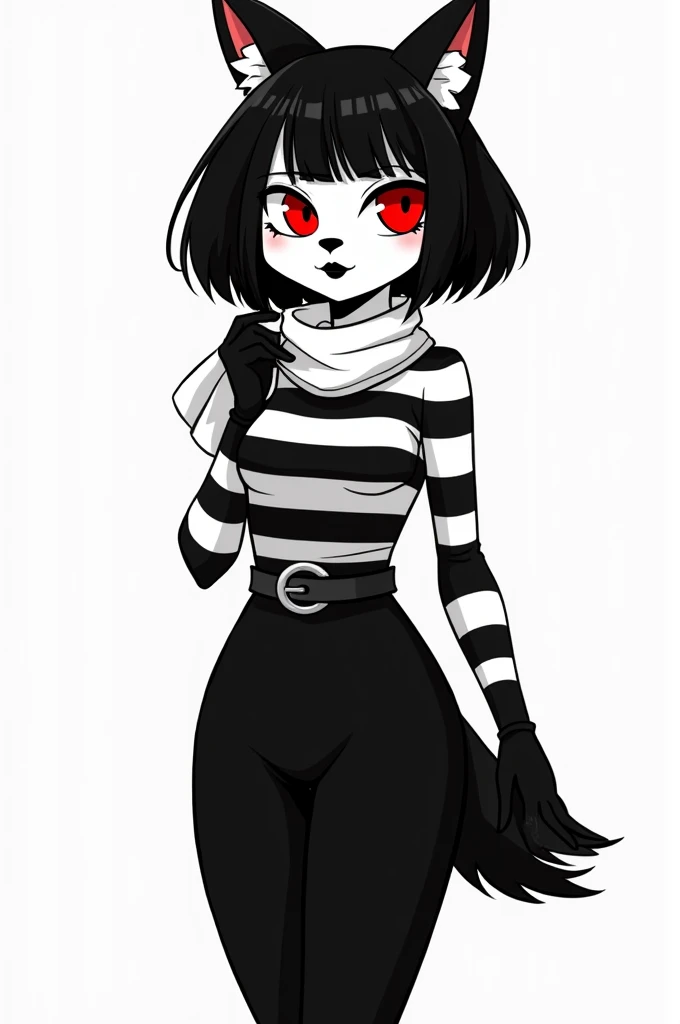 The image shows a cartoonish style mime furry wolf character in black and white, with some details in red.

It is a woman clothing suit with black and white horizontal stripes, that covers his torso and arms. Red eyes He wears black gloves and a white scarf around his neck. a black pencil skirt.She has a black belt around her waist, black bob haircut, thick black lips, 

