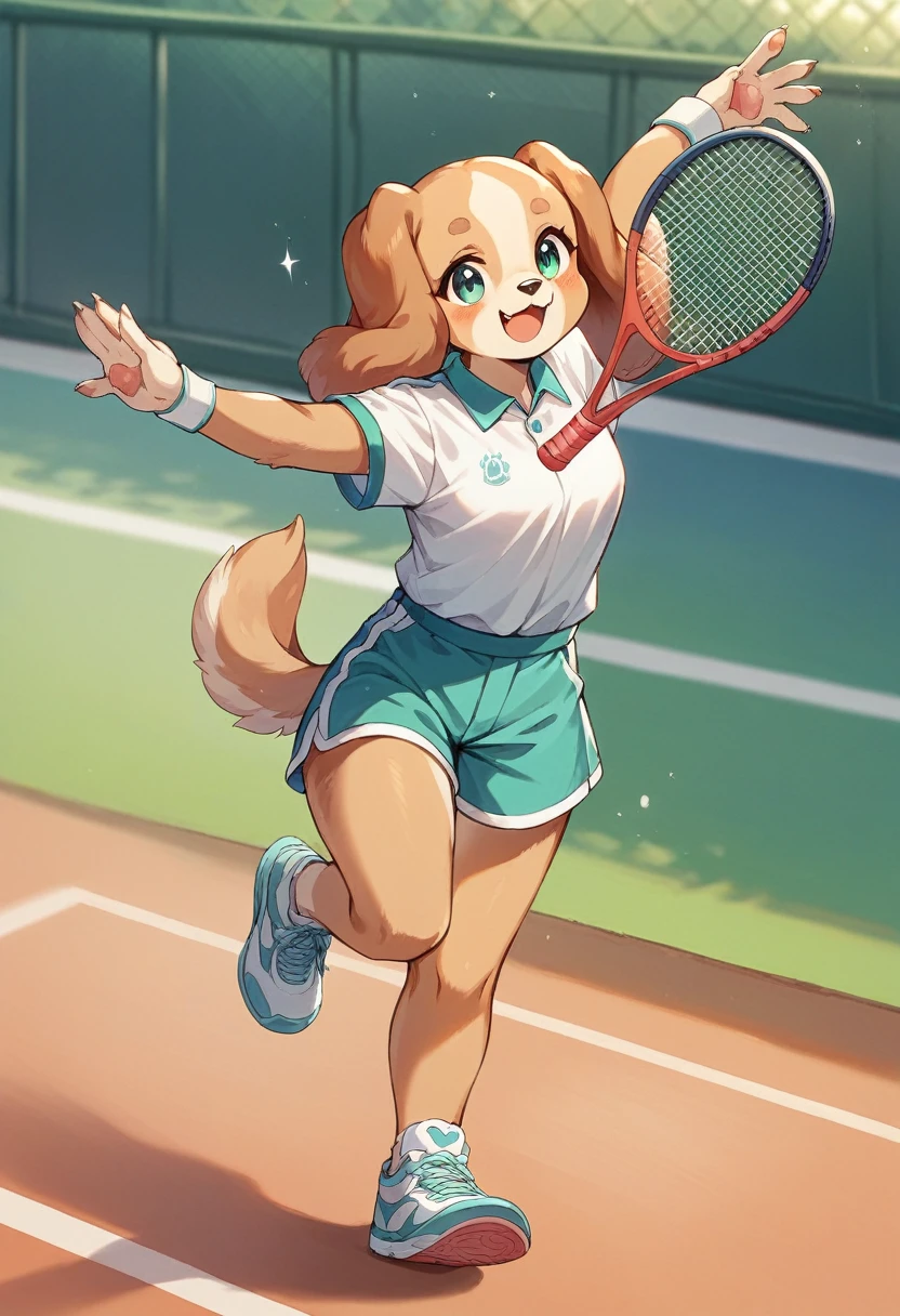cute little dog anthropomorphic cocker spaniel toddler on tennis court jumping high to hit ball soft render 3d casual style