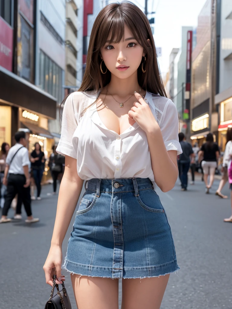 Product quality,1 girl,Cowboy Shot,Front view,Young and  Japanese girls,In town(Crowded street:1.4),Fashionable white shirt,wear,Fashionable bags,Fashionable necklaces,Fashionable earrings,Black Very Short Micro Mini Skirt,wear,Strong winds,Skirt fliping Panties,ute face,Glossy Lips,Double eyelids on both eyes,(Natural Makeup),Sticking out tongue,Strong wind from the front,shiny smooth light brown hair with long hair,,Asymmetrical bangs,Center image,8k resolution,Attention to detail,Detailed hairstyle,Detailed face,Cinema Lighting,Octane Rendering,Ultra-realistic,Perfect limbs,(Detailed fingers:1.5),Beautiful feet,Voluptuous thighs,Huge breasts,Perfecty,She is standing,(Model pose:1.3)