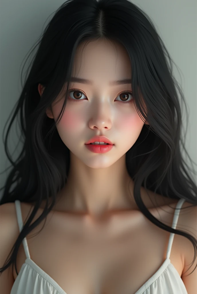 Korean girl, 20 years old, beautiful girl, black hair, straight hair, blow job ,1girl, beautiful woman's face, naked , plumpy