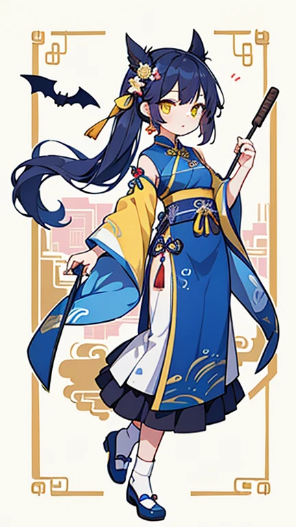 one girl,Blue right-tied hair,yellow eyes,Bat hairpin,Blue Chinese Traditional Costume,Chinese traditional shoes