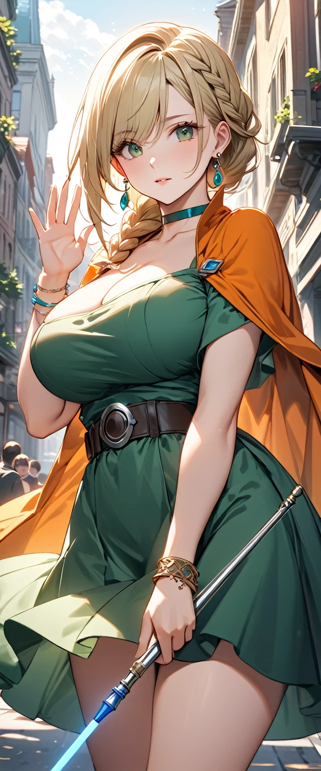 (8k, masterpiece, Highest quality, High resolution, Ultra-fine illustrations:1.2), (Beautiful attention to detail:1.2), One girl, alone, city, Outdoor, DQ Bianca, Single Blade, Earrings, choker, Orange Cape, Green Dress, belt, bracelet, Large Breasts, Contrasting, braid, Waving a magic wand