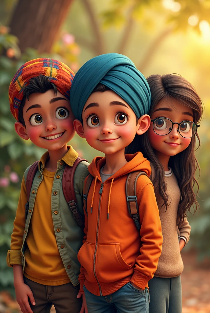 create a group image of 2 boys and 2 girls and one girl is wearing spectacles and only one boys is wearing turban