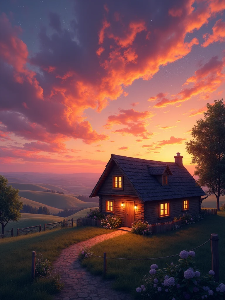 A cozy house in the countryside during sunset, glowing with warm lights from within. The sky is filled with dramatic, colorful clouds illuminated by the last light of the day, and stars are beginning to appear in the deepening twilight. The scene is tranquil, with a sense of calm and serenity.