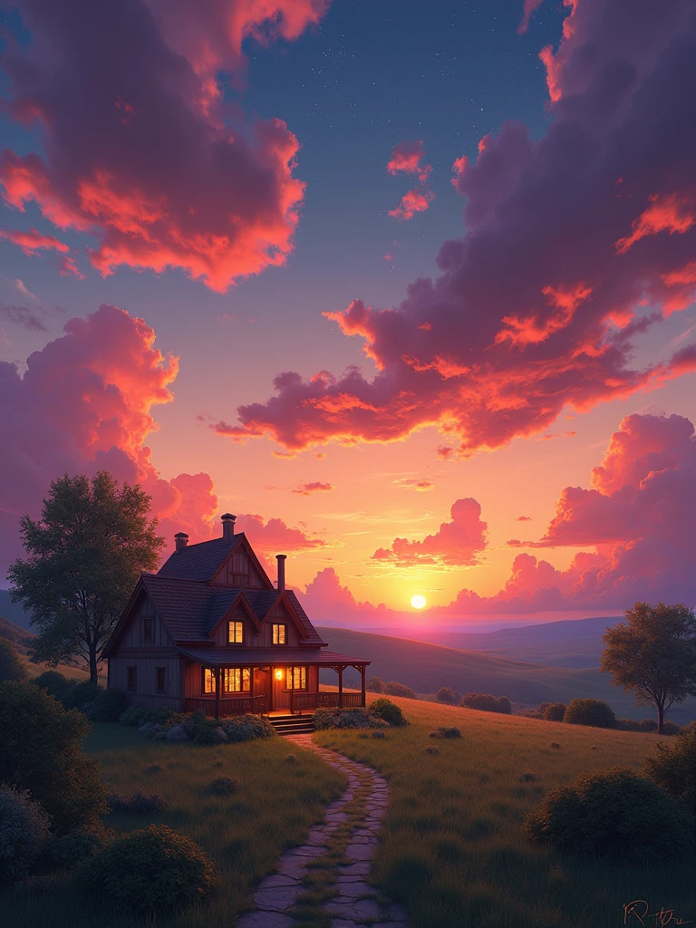 A cozy house in the countryside during sunset, glowing with warm lights from within. The sky is filled with dramatic, colorful clouds illuminated by the last light of the day, and stars are beginning to appear in the deepening twilight. The scene is tranquil, with a sense of calm and serenity.