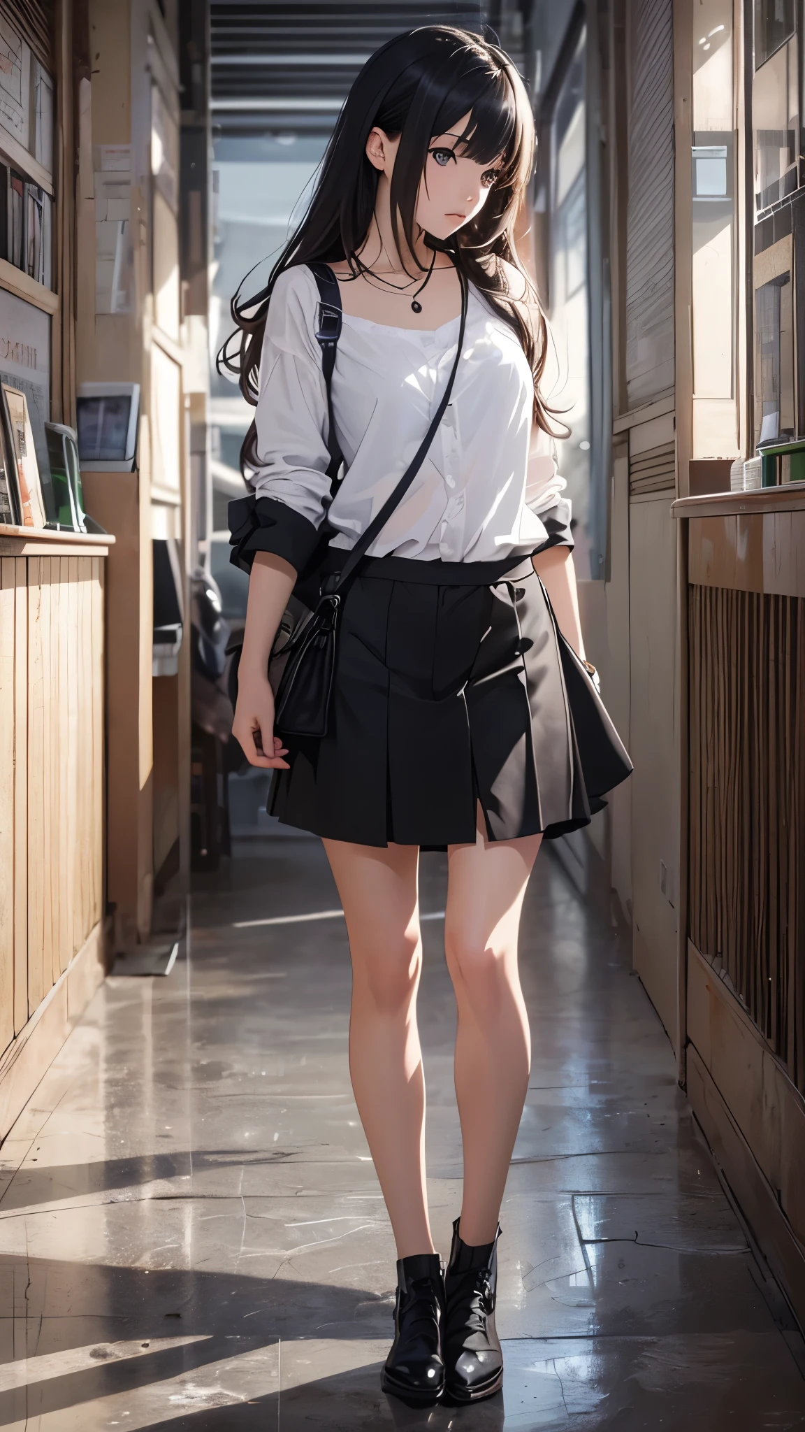 (highest quality,4K,8K,High resolution,table top:1.2), super detailed, (realistic,photorealistic,photo-realistic:1.37),((full body)), Unfortunate,Glasses,((black hair)), ((long hair)),tight-design-sweater,maxi-length-long-skirt,necklace,shoes,beautiful and fine eyes, beautiful detailed lips, highly detailed eyes and face, long eyelashes, realistic anime 3D style, Smooth anime CG art, Digital rendering by Makoto Shinkai, Moe anime art style, photorealistic rendering of an anime girl, Shinkai Makoto style, Cute anime girl visuals, realistic young anime girl, girl fan art, Created by Anime Artist'studio of.