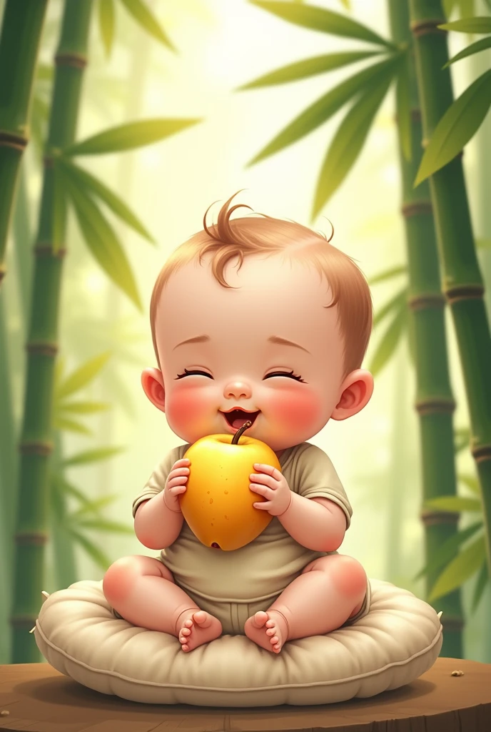 Baby boy seting under the tree red dress hand banana