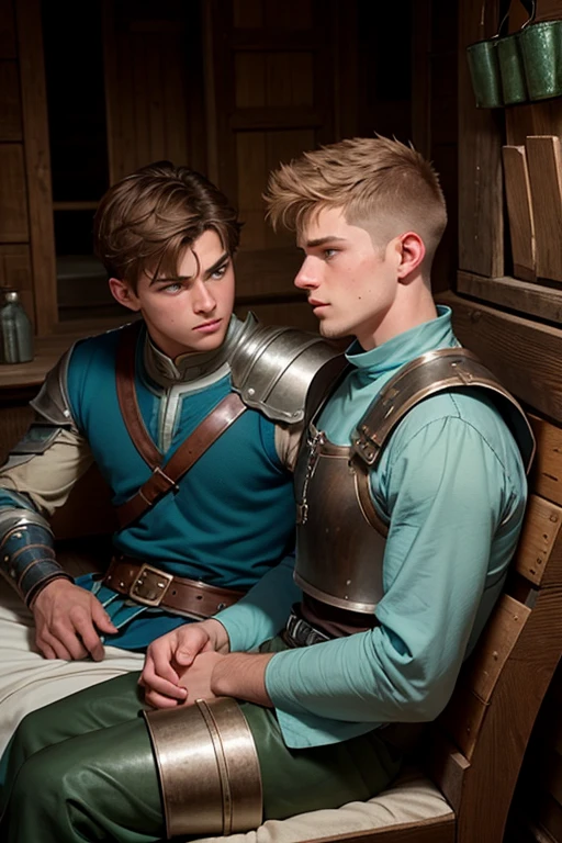 Photo-realistic. A pleased, 16-year-old, handsome, muscular Caucasian man with fade-cut, brown hair, and blue eyes, wearing shabby, sleeveless, leather armor, with metal shoulder guards, boasting, as he tells a dramatic story to a 15-year-old, lean, Caucasian peasant man, with short, brown hair, and blue eyes, in a blue and green tunic, listening in wonder, sitting next to each other on a simple bed, in a rustic inn room, at night.