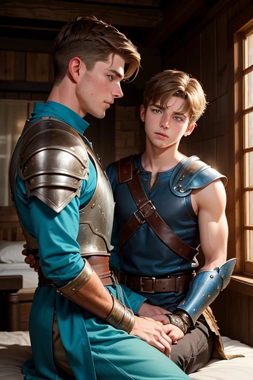 Photo-realistic. A pleased, 16-year-old, handsome, muscular Caucasian man with fade-cut, brown hair, and blue eyes, wearing shabby, sleeveless, leather armor, with metal shoulder guards, boasting, as he tells a dramatic story to a 15-year-old, lean, Caucasian peasant man, with short, brown hair, and blue eyes, in a blue and green tunic, listening in wonder, sitting next to each other on a simple bed, in a rustic inn room, at night.