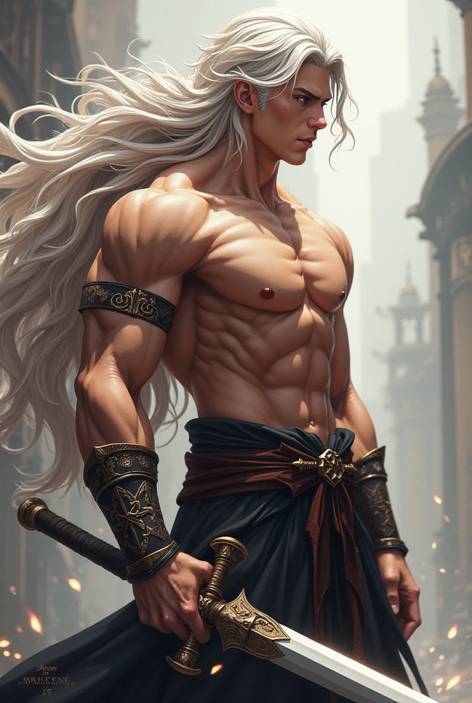 Axel has an imposing stature, with about2,20 meters high. He is young and 18 years old and his long white hair falls in voluminous waves., adding a touch of elegance to your look. He has a very strong physique, with well defined muscles. Axel is often shirtless, showing off his impressive musculature. Her mahwa style is reflected in her overall appearance., with attractive and expressive facial features.