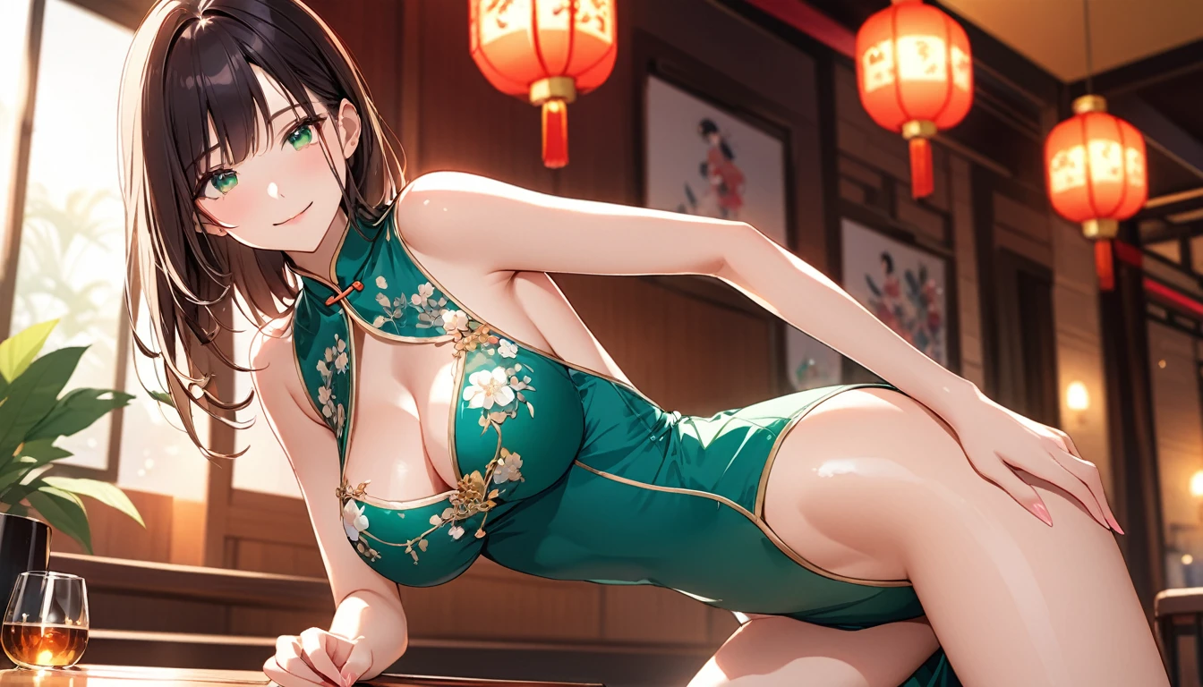 高いquality illustration, masterpiece, Very delicate and beautiful, Attractive girl,(Shiny green Chinese dress),thin,Slender body,slim,Chinese restaurant background,Princess, Beautiful Eyes、smile、blush、(masterpiece, Highest quality:1.2), High res, Very detailed CG ユニティ 8k 壁紙, Perfect lighting, colorful, Ultra-high res,4K,Very detailed, photograph, 8k, High resolution, 、pubic hair、Big Breasts、squat、Lying down