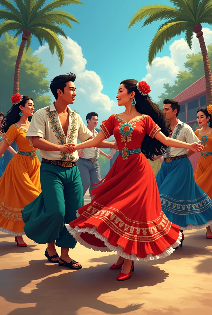 Women and men were dancing folkdance and tinikling but they were wearing Filipiña for girls and the boy were barong leave some space upper