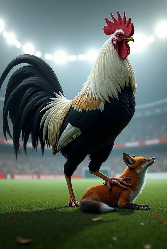 A very large and strong black and white Atlético Mineiro ROOSTER beating an injured fox inside a football stadium