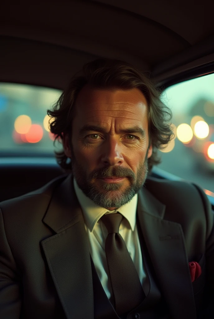 Mock portrait of a 1970s limousine driver, Extremely detailed face, Low light, Perfect lighting, Nostalgia, ISO100, cinestill 800T, polarizing filter, Bright and bold colors, High-quality photos, Still frame from a movie