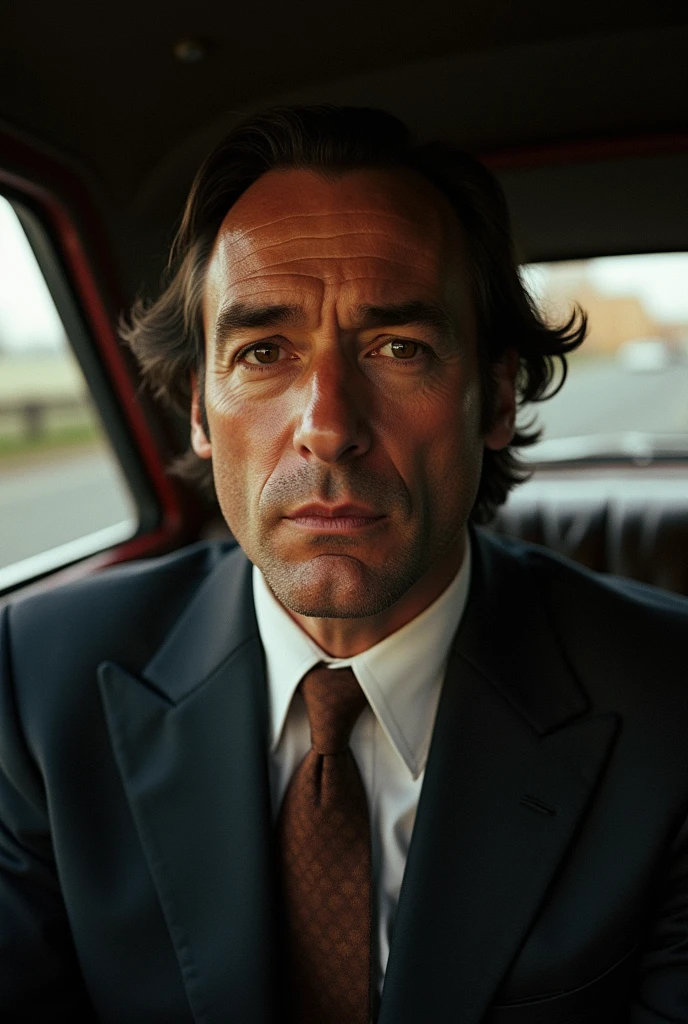 Mock portrait of a 1970s limousine driver, Extremely detailed face, Low light, Perfect lighting, Nostalgia, ISO100, cinestill 800T, polarizing filter, Bright and bold colors, High-quality photos, Still frame from a movie