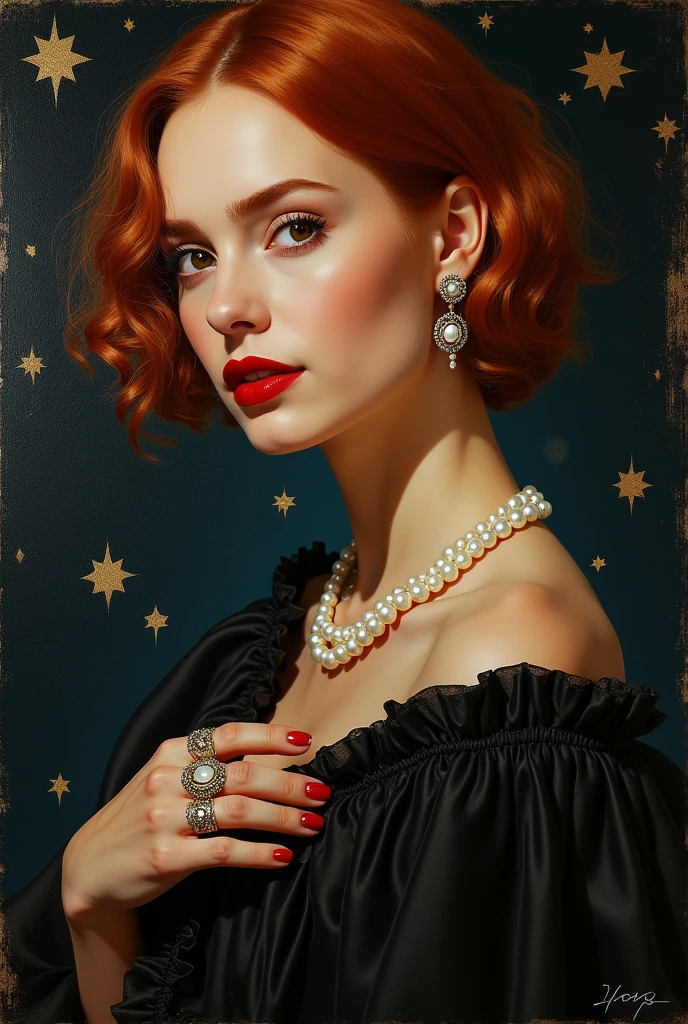 natalie portman, oil painting, renaissance, leonardo da vinci, model, modern style, contemporary clothing, idol, highly detailed, short red hair, pearl necklace, earrings, modern makeup, red lipstick, starry night sky, black dress with stars, rings, defined brushstrokes, (best quality,4k,8k,highres,masterpiece:1.2),ultra-detailed,(realistic,photorealistic,photo-realistic:1.37)