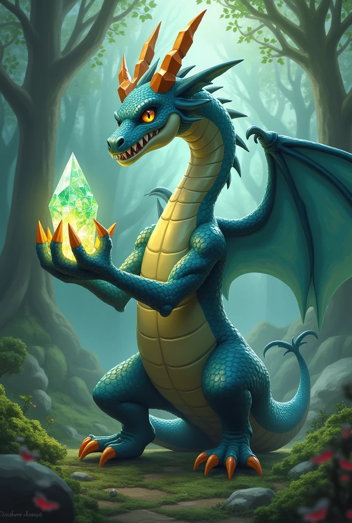 Create a pokemon style dragon holding a jasper stone