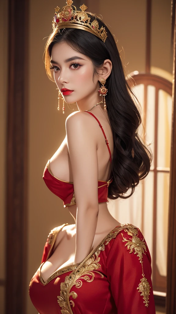 A beautiful queen, wearing a red antique dress with gold trim, beautiful face, long hair, a golden crown on her head, mysterious neck and hair jewelry, light red iris, round big eyes, thin and sharp eyebrows, every detail details meticulous and sharp eyelashes, red lipstick  lips, slender shoulders, plump breasts, large, round and regular breasts, slender waist, RAW photos, detailed photos, highest quality photos, 8k queen upper body,