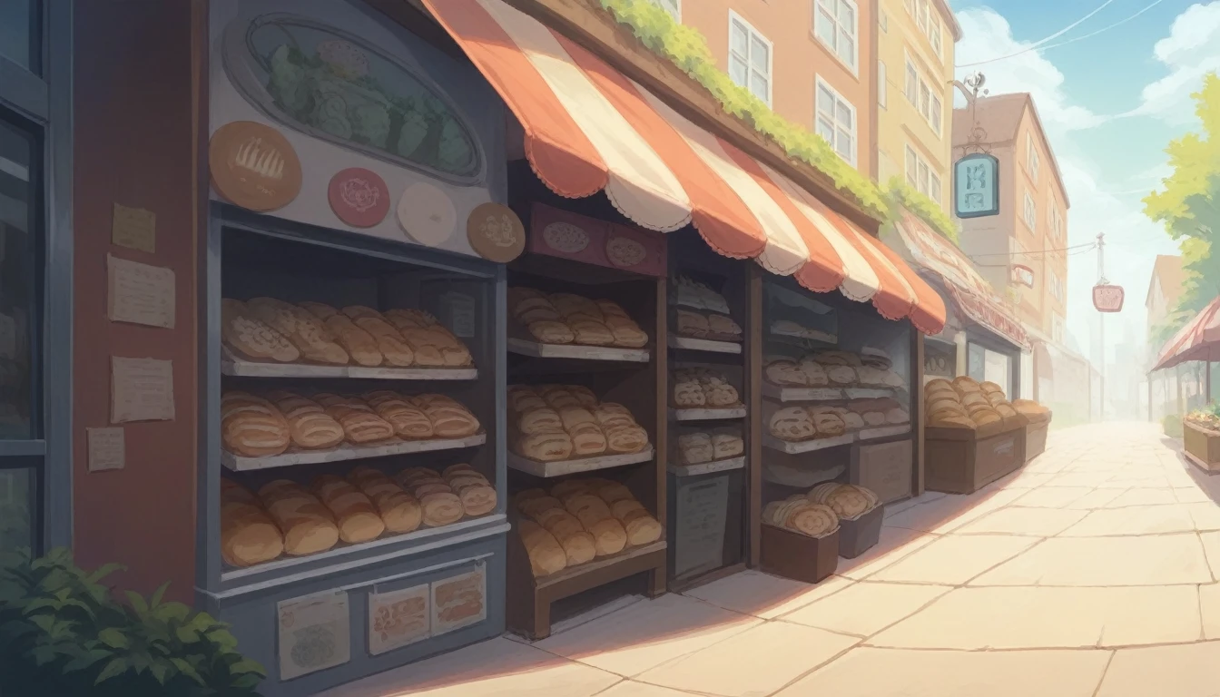 Here is a photo of a street with storefronts and sidewalks, anime Background Art, Background Art, Anime scenery concept art, Anime Background, In the background is a bakery with freshly baked goods, Bakery, Random background scenes, Background Artwork, Environmental Painting, cute Bakery shop, Painted in an anime artist's studio, Anime movie background, environmental art, Lo-fi art style, Anime-style streetscape